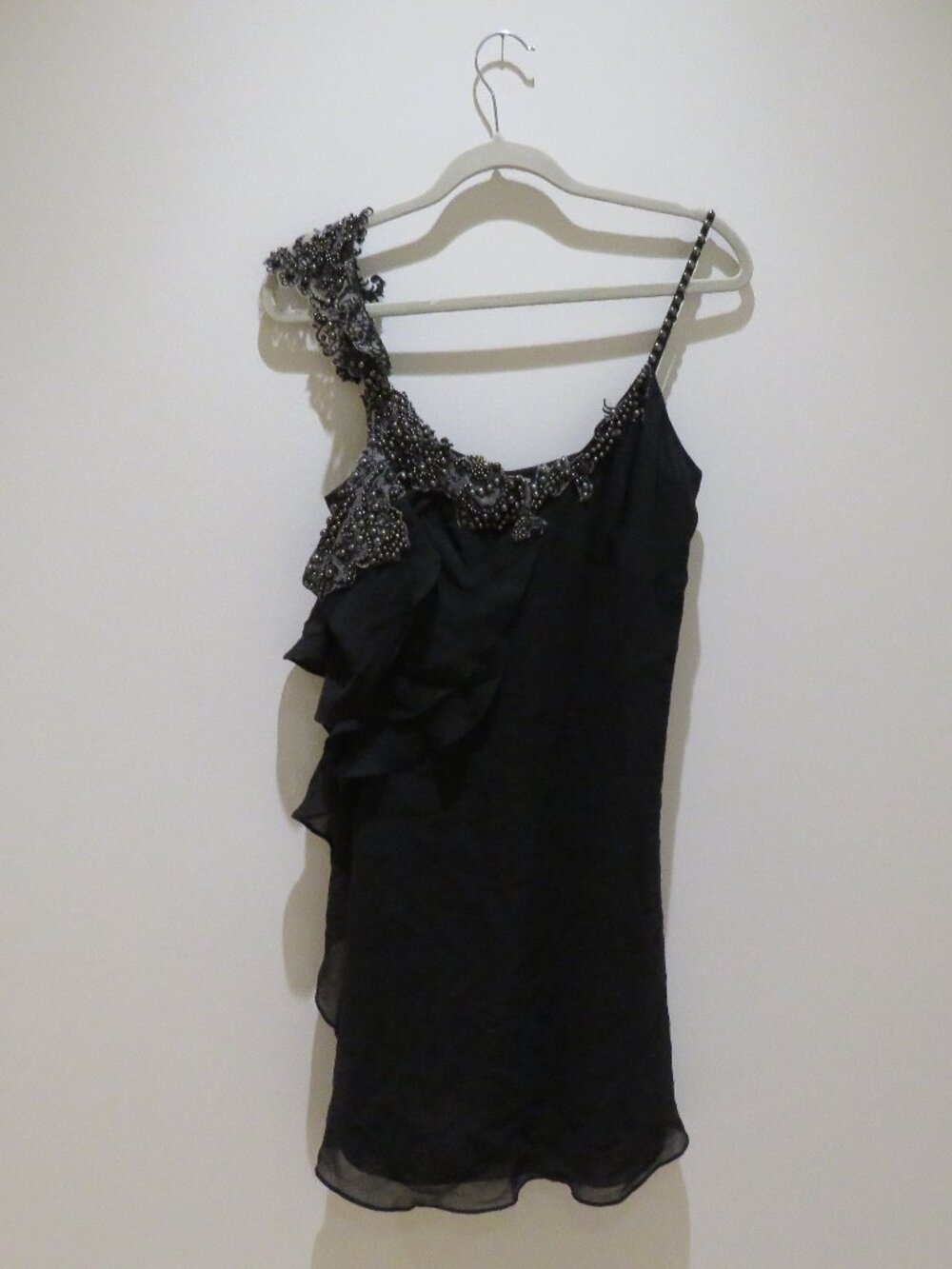 KAREN MILLEN 100% Silk Beaded Ruffle Chiffon Dress US 6 Whimsigoth Dark Romantic - Picture 3 of 16